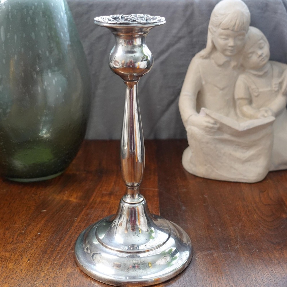 Vintage silver-plated LB candlestick holder ornate wide base 9 inches tall